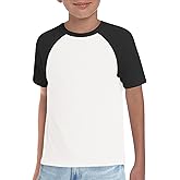 Haloumoning Boys Short Sleeve Raglan T Shirts Kids Basic Color-Block Tops Crewneck Tees 5-14 Years
