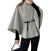 Cicy Bell Womens Batwing Sleeve Poncho Pea Coats Oversized Belted Trendy Casual Stand Collar Cloak Cape Coats