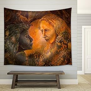 Illustration - Woodland Dryade Fairy and Golden Man of Learning, Fairytale Illustration. - Fabric Wall Tapestry Home Decor - 51x60 inches