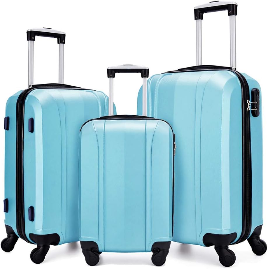 Fochier ABS Lightweight Durable Hardshell Luggage Sets Suitcase 3 PCS 20inch/24inch/28inch,Light Blue