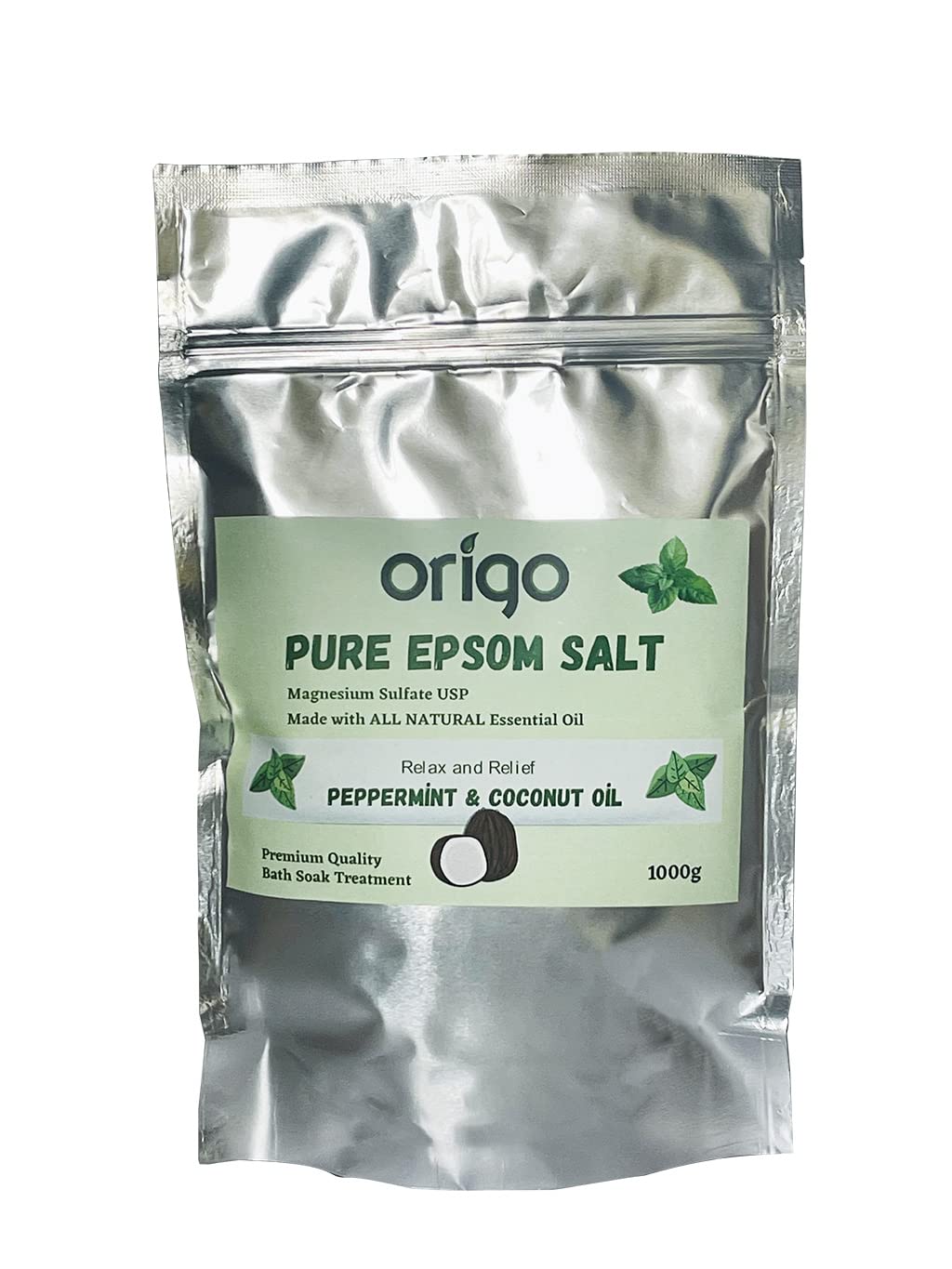 Origo Pure Epsom Salt with Peppermint Oil and Coconut Oil 1KG Best for Good Sleep - Stress Relief - Beauty - Relaxing - Bathing - Body Care