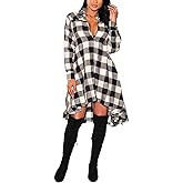 olrain Womens Plaids V Neck Long Sleeve Irregular Hem Casual Shirt Dress