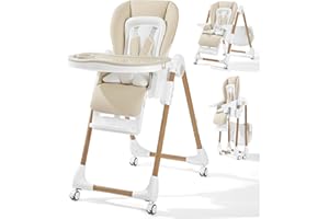 Mallify Foldable High Chairs for Babies and Toddlers, 3-in-1 Convertible Baby High Chair with Removable Soft Cushion and Tray, Adjustable Height & Recline, Lockable Wheels, Cream