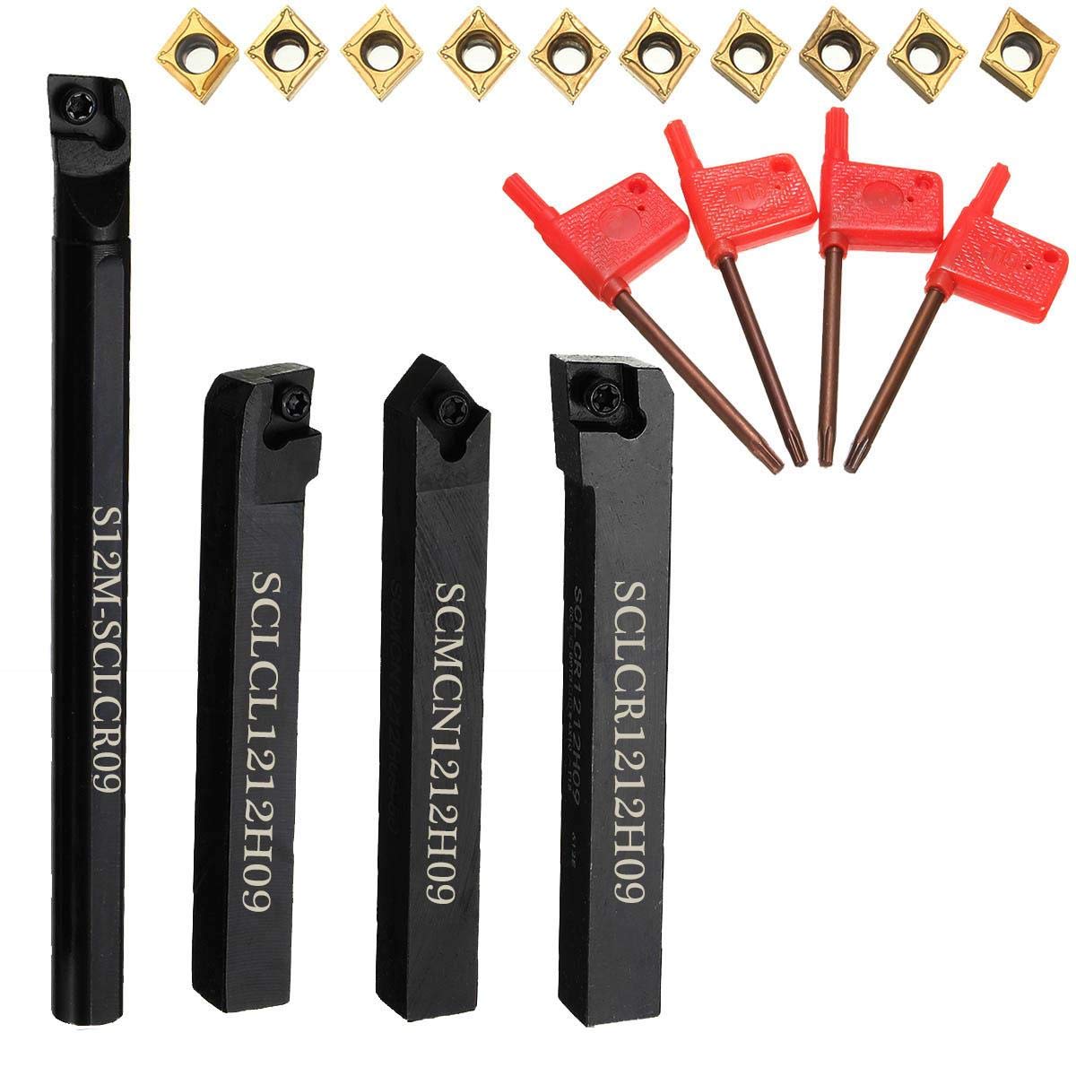 KATSU Tools 4PCs Indexable Inserts Lathe Turning Cutting Tool Set with 10 Inserts S12M-SCLCR09 SCLCR1212H09 SCLCL1212H09 SCMCN1212H09