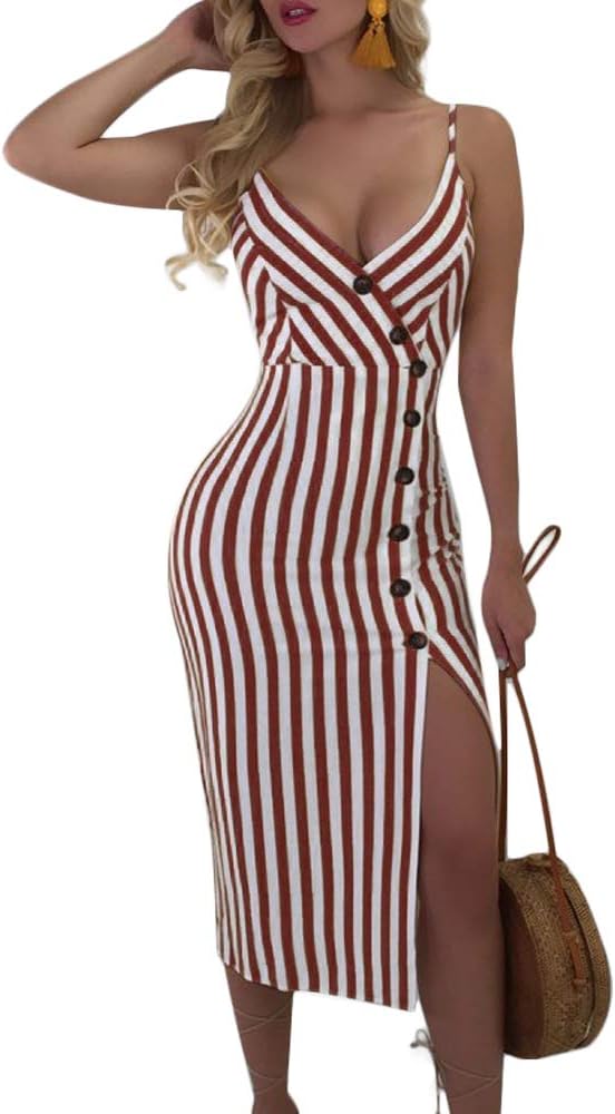 Women’s Sleeveless Spaghetti Strap V Neck Button Down Backless Tie up Stripe Sexy Bodycon Midi Dress