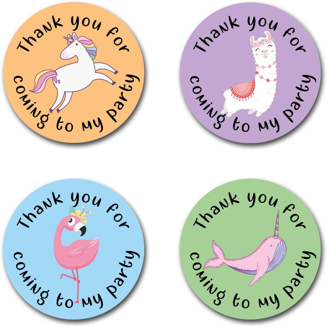 40mm Unicorn, Flamingo, Llama & Narwhal "Thank You For Coming To My Party" Round Stickers for Party Bags & Sweet Cones (48 x Stickers)