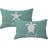 Coastal Beach Throw Pillow Covers 12 x 20 Inch Set of 2 Seaturtle Starfish Summer Beach House Decor Ocean Theme Decorative Rectangular Cushion Covers for Couch Sofa Bed (Blue Green)