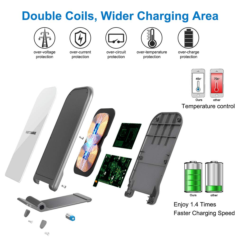 KZY Fast Wireless Charger Stand, QI Certified Wireless Charger Compatible for iPhone X/8/8+, Folding Wireless Stand Charger for Galaxy S9/S9+ S8/S8+ S7/S7 Edge, White (with QC 3.0 AC Adapter)