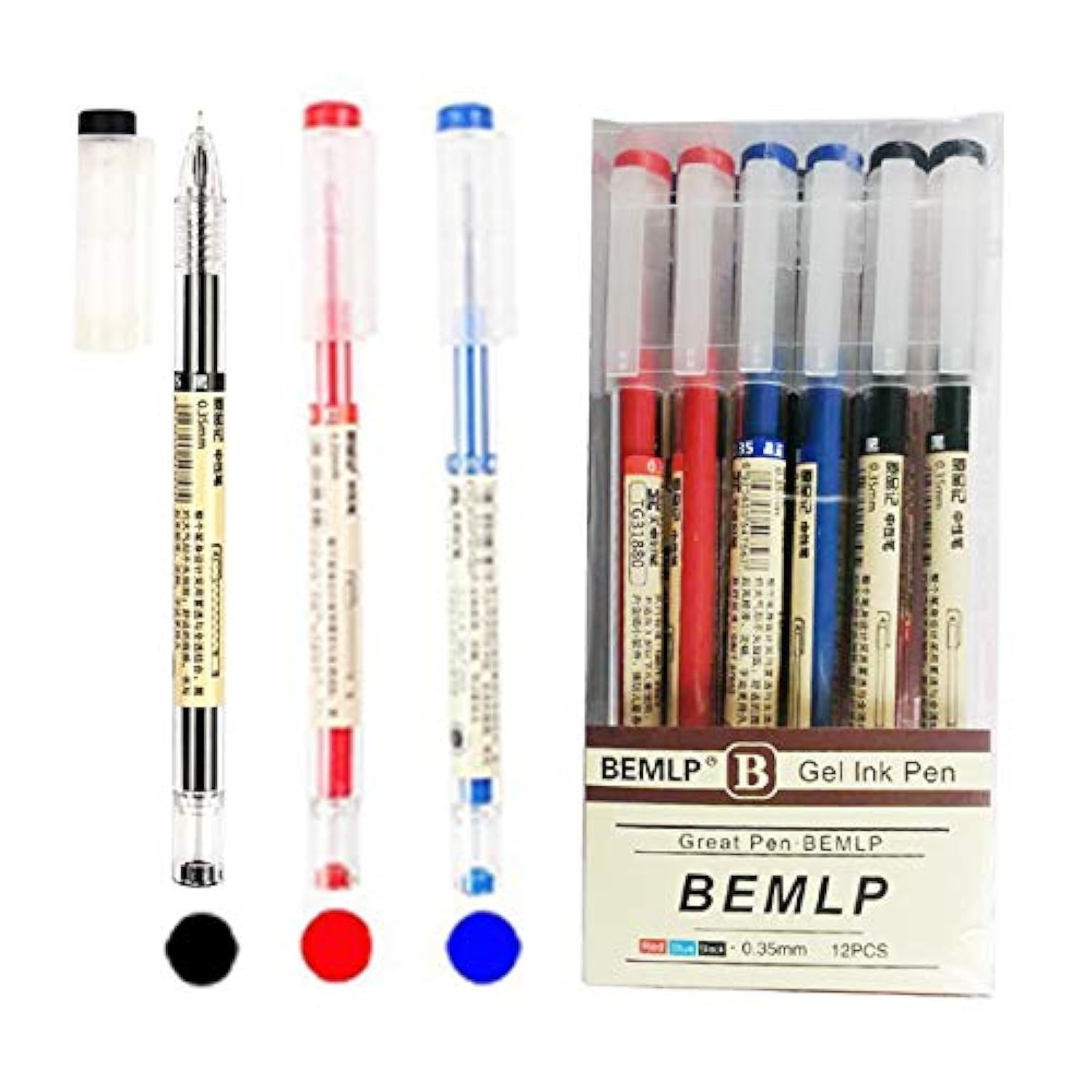 BEMLP Extra Fine Point Pens, Ballpoint Pen, Liquid Ink Rollerball Pens, 0.35mm, Premium Quick Drying, 12 Packs (4 Black, 4 Blue, 4 Red) - Office, School, Stationery Supply