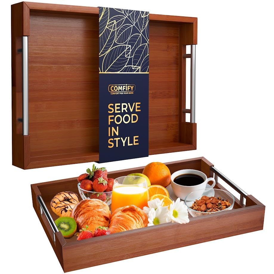 Photo 1 of Modern Bamboo Serving Tray with Metal Handles – Stylish Wooden Ottoman Tray for Entertaining & Serving Food - Dark Brown, Eco-Friendly and Versatile Design