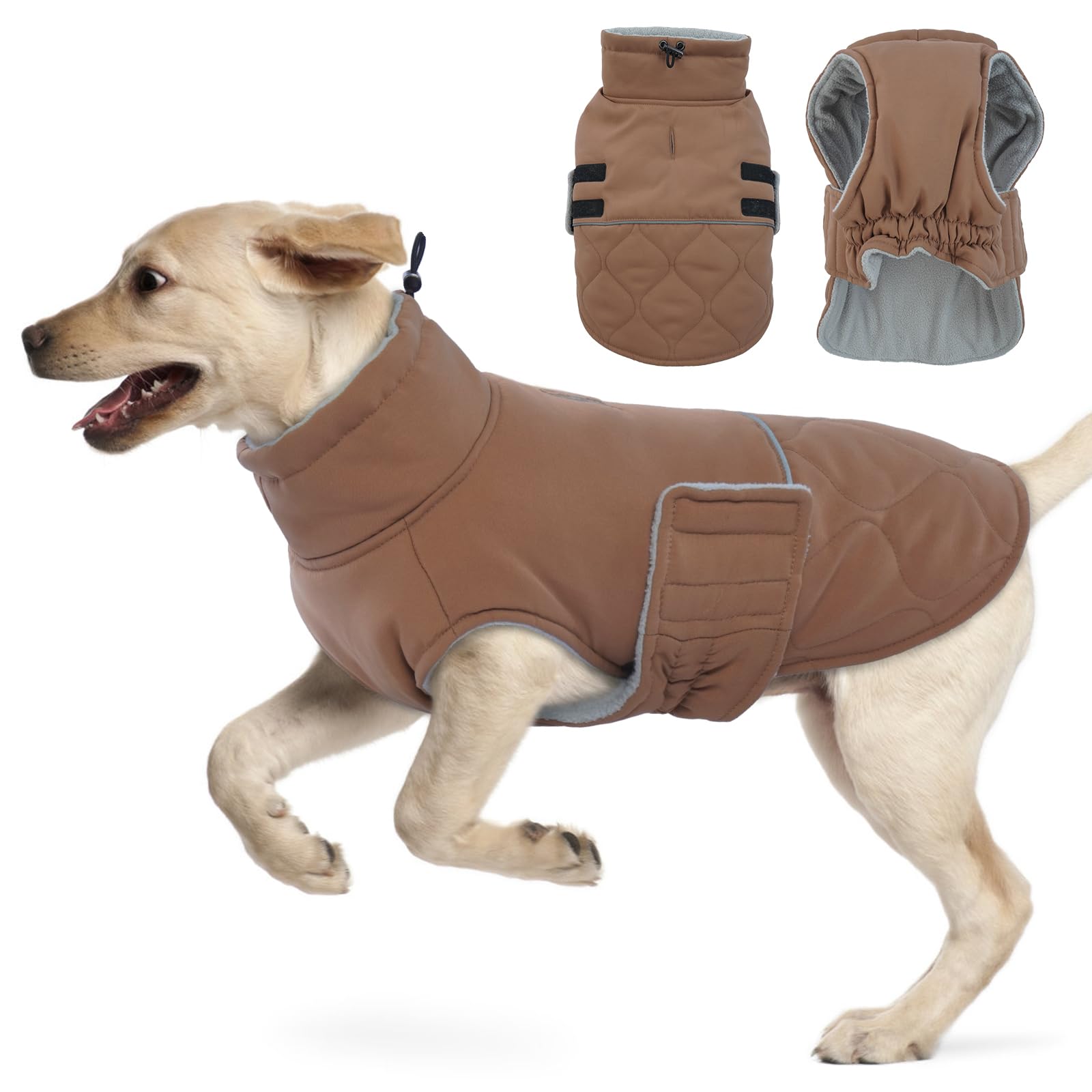 Hjumarayan Medium Dog Coat - Quilted Dog Winter Coats Water-resistant, Harness Hole, Reflective, Warm Jacket Fleece Lined for Border Collie, English Bulldog (Brown XL)