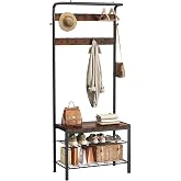KMFurnila Hall Tree with Bench and Shoe Storage, 4-in-1 Entryway Organizer with 10 Hooks and Storage Shelf,Coat Rack Freestanding with 2-Tier Storage Shelf for Living Room, Bedroom Rustic