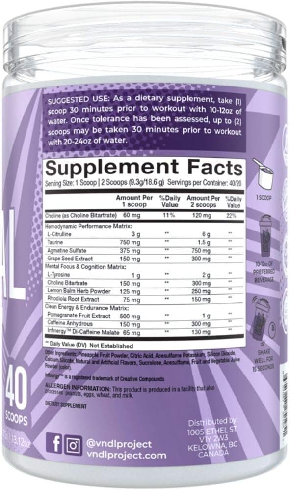 Vandal | Pre Workout Powder - All Natural & Safe Nootropic Pre Workout Supplement for Men & Women | Boosts Energy, Focus, Performance & Recovery | No Tingles, No Jitters, No Crash. | 40 Servings.: Health & Personal Care