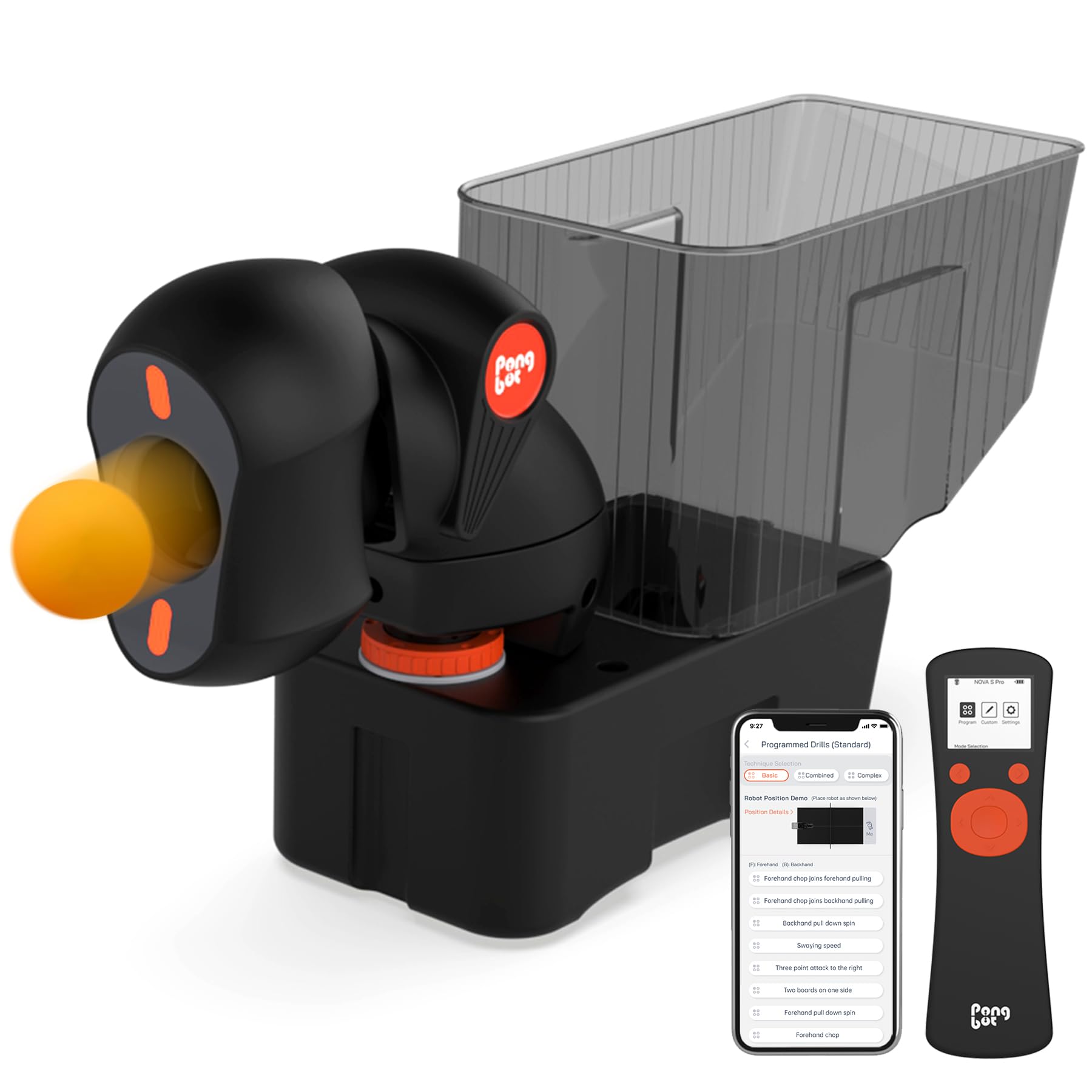 PONGBOT Robot de tenis de mesa: control de aplicación 264 ejercicios, máquina de ping pong portátil con personalización de giro/velocidad, capacidad de 150 bolas para entrenamiento y entrenamiento en solitario