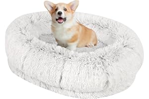 LOVMOC Oval Calming Dount Dog Bed for Medium Dogs, Fluffy Anti-Anxiety Dog Bed in Shag Fur Frost, Medium 32"