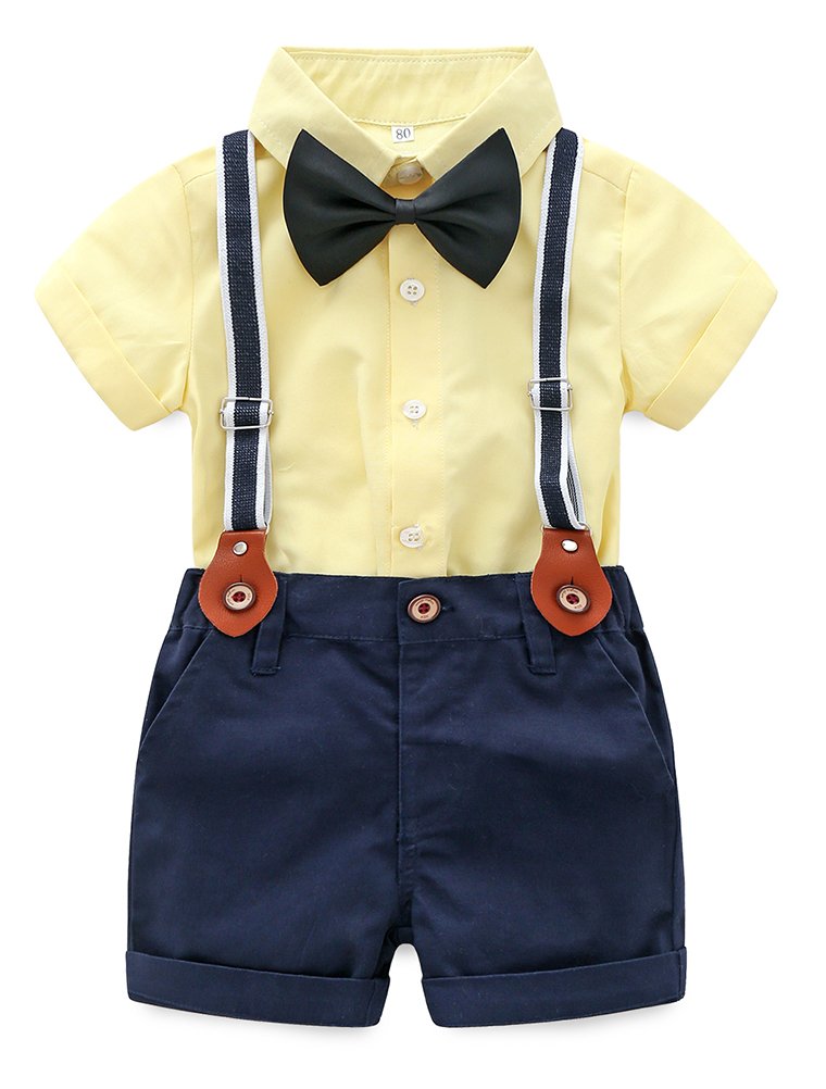 Photo 1 of Abolai Baby Boy Summer Cotton Gentleman Short Sleeve Bowtie Romper Suspenders Shorts Outfit Set Style2 Yellow 90
