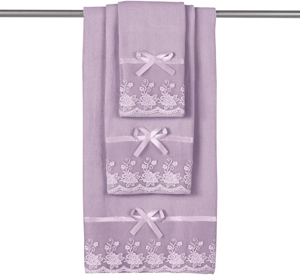 Lace Trim Decorative Display Bath Towel Set With Ribbon Bows 3pc Set Lilac Amazon Co Uk Kitchen Home