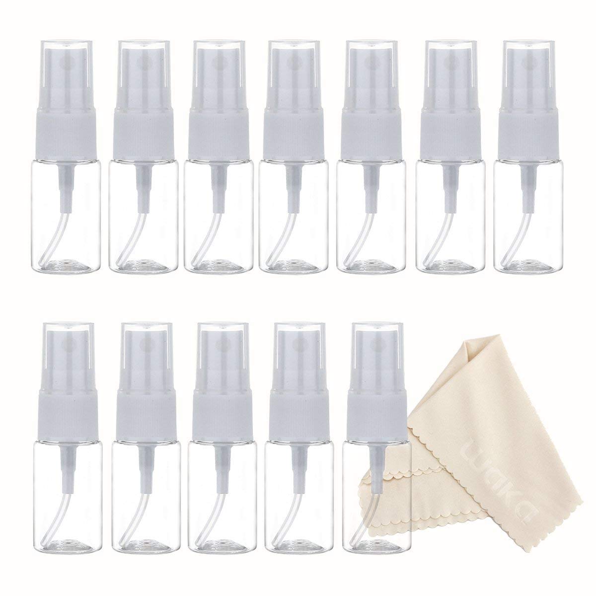 10ml Spray Bottles Fine Mist - Plastic Small Atomiser Spray Bottle Empty Travel Bottle Set with Atomiser Pump Leakproof for Makeup, Perfume, Test, Travel, Microfibre Cleaning Cloth included, [12 Pack]