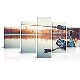 iHAPPYWALL Large 5 Pieces Fishing Rod and Reel Canvas Wall Art Fishing Tackle Sunset Lake Landscape Picture for Office Farmhouse Living Room Stretched and Framed Ready to Hang