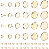 UNICRAFTALE 60Pcs 6 Sizes 18K Gold Plated Flat Round Blank Bezel Pendant Trays Stainless Steel Stud Earrings Cabochon Earring Base Cabochon with Ear Nuts for Earring Jewelry Making DIY Findings