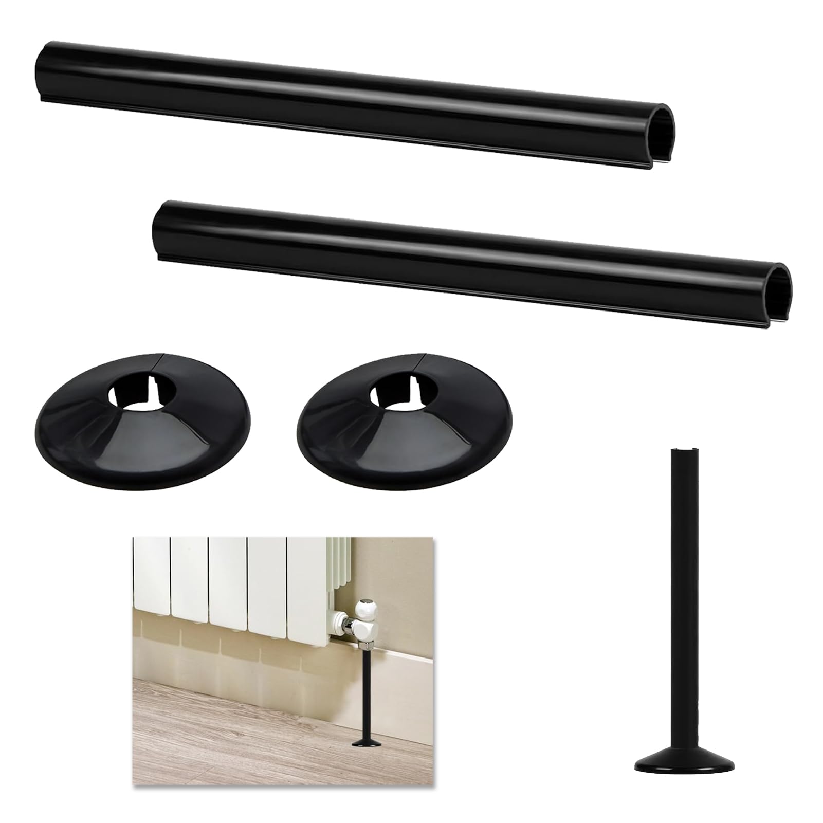 2 Pack Black Radiator Pipe Covers, 15mm x 200mm Matt Radiator Pipe Covers and Collars, Durable Polypropylene Construction, Easy Installation, Perfect for Concealing Pipes and Professional Finishing
