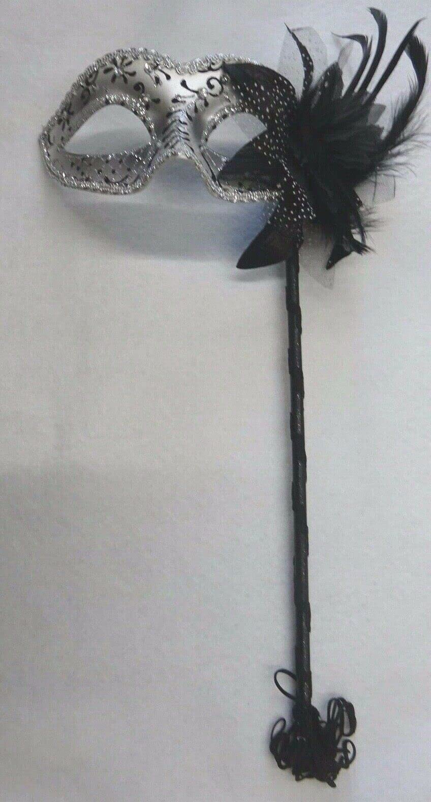 LADIES VENETIAN MASQUERADE BLACK & SILVER CARNIVAL PARTY EYE MASK WITH FLOWER FEATHERS HAND HELD ON A STICK