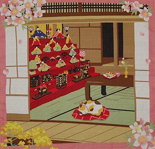 Furoshiki Cat and Hina Matsuri Girl's Day Dolls Motif Japanese Fabric 50cm