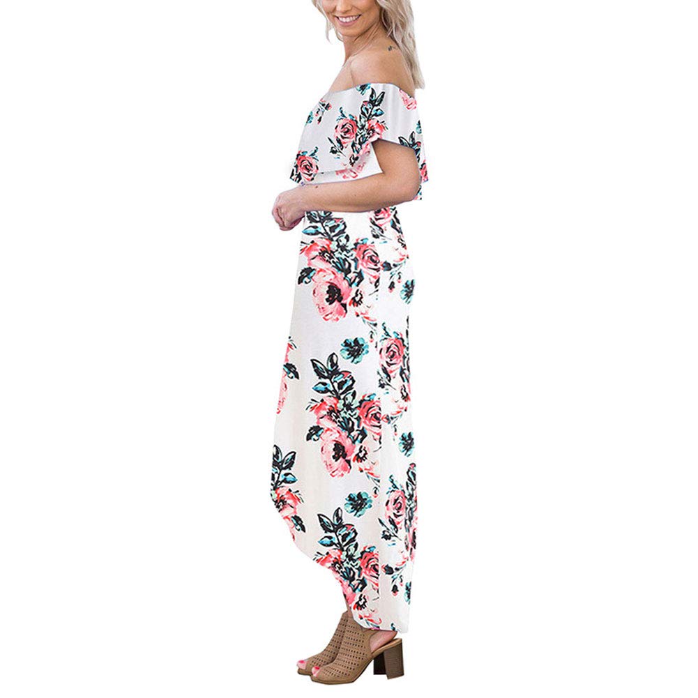 Womens Floral Off Shoulder Dresses - Summer Casual High Waist Slit Long Maxi Dress White