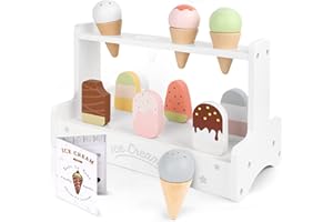 WHOHOLL Ice Cream Toddler Girl Toys, Wooden Serve Ice Cream Counter Playset, Pretend Play Food Toy with Menu for Kids Ages 3+, Girls Boys Montessori Popsicle Toy