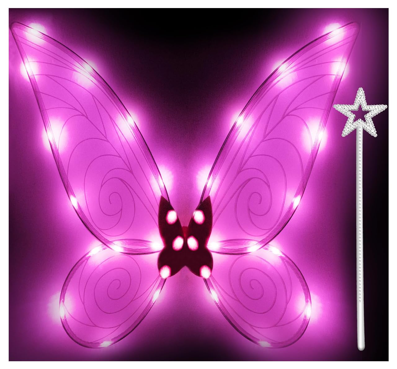 Tanganan Light up Fairy Wings Butterfly Wings for Adult Girls,LED Fairy Wing Sparkle Angel Wings for Women Halloween Cosplay Costume Angel Wings Dress Up (Pink+Wand)