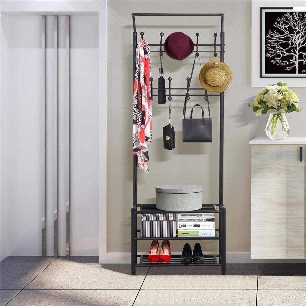 YAHEETECH Metal Entryway Coat Bag Umbrella Shoe Rack Stand with Storage Bench Black 13"D x 27"W x 74"H