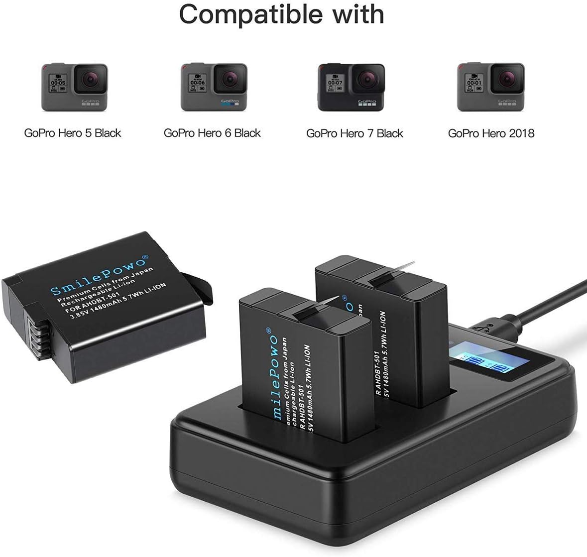 SmilePowo 2 Rechargeable Battery Dual LCD Battery Charger 1480mAh for GoPro Hero 5/6/7 Black, GoPro Hero 2018, GoPro Ahdbt-501 AABAT-001, GoPro 601-10197-000 (Compatible with Original Camera) : Camera & Photo