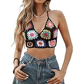 Women Crochet Knit Granny Square Vest Tops Sleeveless Floral Knit Crop Tops Halter Neck Knitwear Tank Tops Streetwear