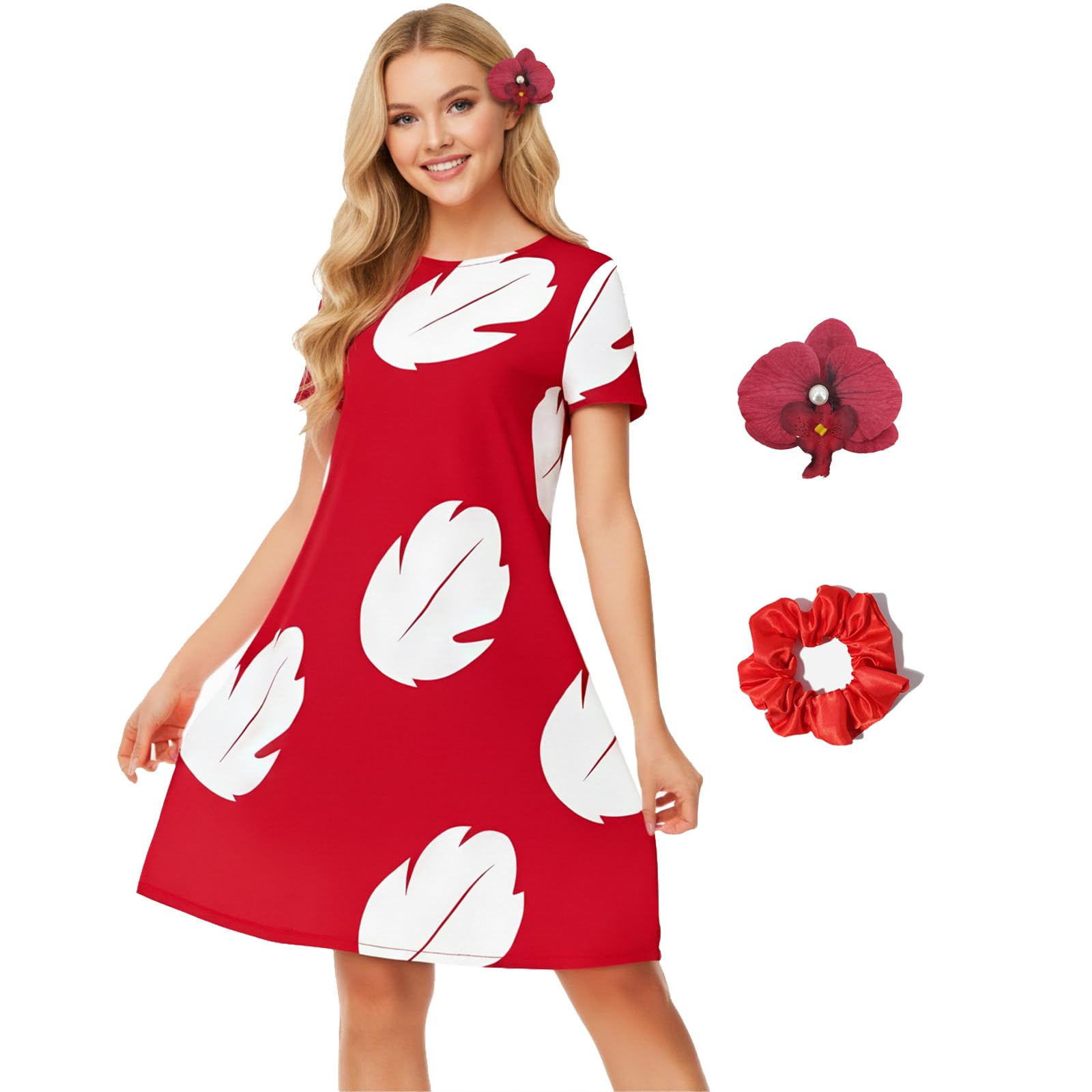 AYYOHON Lilo Cosplay Costume Women's Red Leaf Dress Short Sleeve Hawaiian Dress with Flower Headpiece for Halloween Party S
