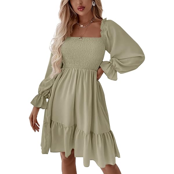 Summer Women's Dress Mock Neck Gathered Sleeve Ruffle Dress A-Line High  Waist Elegant White at Amazon Women's Clothing store