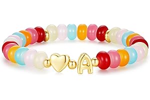 M MOOHAM Stocking Stuffers for Teenage Girls Women - Colorful Beaded Initial Bracelet for Women, Dainty Beaded Bracelets for Women Trendy Charm Letter A-Z Personalized Heart Jewelry Gifts