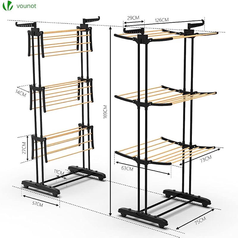 ® Tendedero Vertical Tipo Torre, Tendedores de Ropa Plegable, Estantes de Secado Ropa de Metal con 6 Alas Plegables y 4 Ruedas, Aspecto de Madera, 3 Niveles