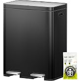 EKO Edison 8+8 Gallon Dual Trash Can for Recycling and Trash, Stainless Steel Kitchen Step Can with Dual Removable Inner Bucket, Independent Lids and Pedals, Black