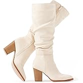 Putu Women's Pointed Toe Knee High Boots Faux Suede Slouch Boots with Chunky Heel