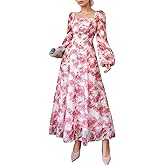 Women's Floral Flowy Long Sleeve Maxi Dress Square Neck Garden Party Dress Spring Fall Wedding Guest Dresses