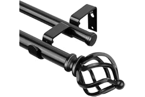 KAMANINA Double Curtain Rod 72 to 144 Inches(6-12 Feet), Black Heavy Duty Curtain Rods for Windows 66 to 120 Inches, 7/8 Inch Drapery Rod with Twisted Cage Finials
