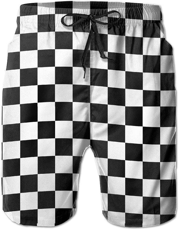 OMOXILOUY Men's Swim Trunk, Race Waving Checkered Flag Quick Dry Beach
