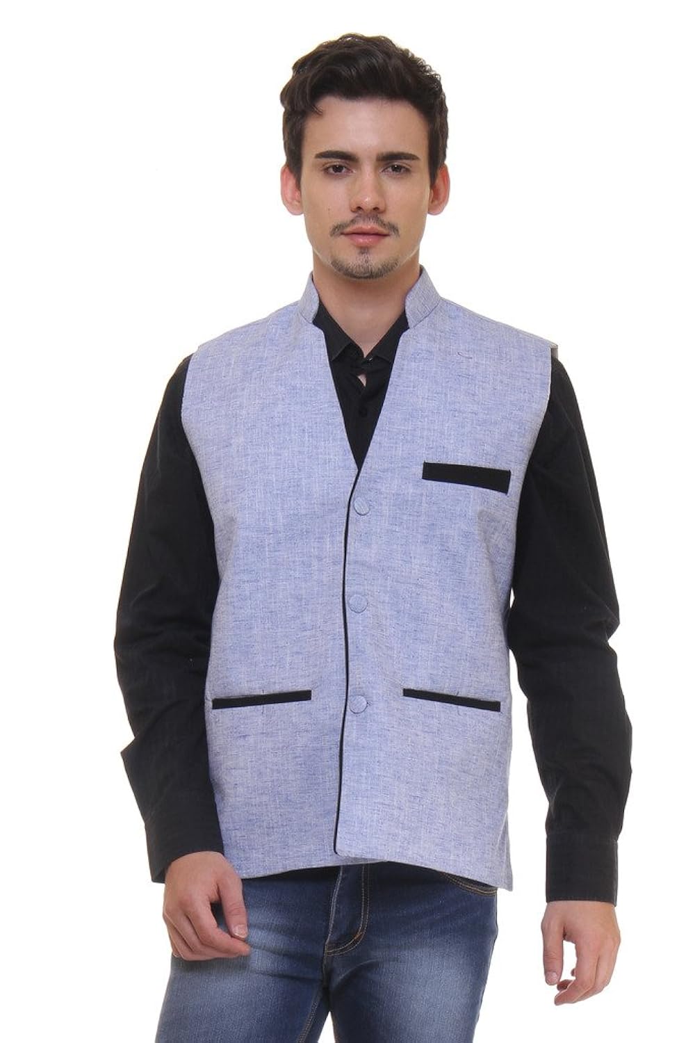 routeen blue casual formal v neck waistcoat linen jackets for men