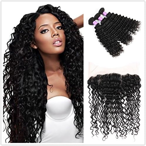 Shengqi Hair Remy Hair Pre Plucked Human Hair Frontal with 3 Bundles Deep Wave Lace Full Frontal Ear to Ear Frontal Lace Closure with Baby Hair Natural Black Color 18 20 22 +16