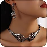 Yepelesi Gothic Skeleton Necklace Earrings Set for Women Halloween Skeleton Hand Skull Choker Earrings Set Punk Vintage Black Skeleton Statement Jewelry Halloween Goth Costume Party Accessories