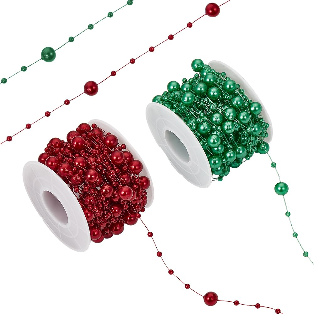 SUNNYCLUE 20M Christmas Garland Bead String Red Pearl Garland Wedding Plastic Roll Artificial Pearl String Beads Chain Tree Strand Decoration Green Round Bead Strands for Home Outdoor Party Decor