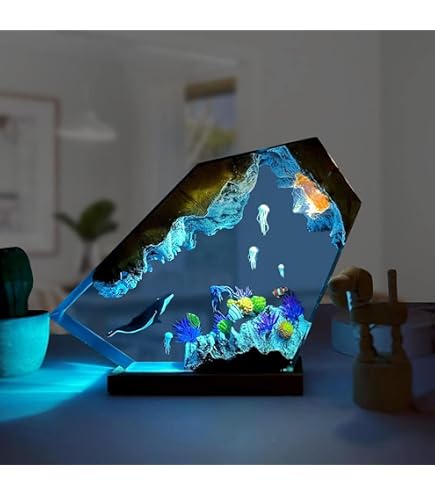 Drawelry Large Ocean Creative Epoxy Resin Wood Light Lamp, Deep