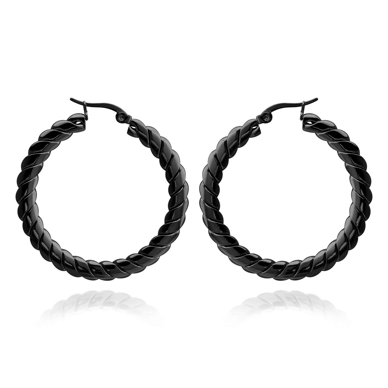 555Jewelry Stainless Steel Hoop Earrings, Large Round Circle Woven Pattern Surgical Steel Hoop Earrings, Hoops Earrings for Women, Nickel Free Earrings for Women Hoops, Black
