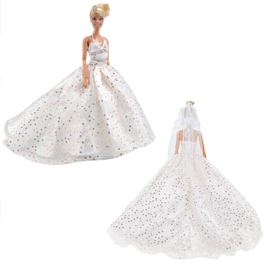 E-TING 2 pcs Beautiful Bride Clothing with Veil Party Ball Dresses for Girl Dolls