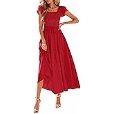 KIRUNDO Smocked Summer Dresses for Women 2026 Wedding Guest Midi Flowy Ruffle Short Sleeve Square Neck Tiered Sundress